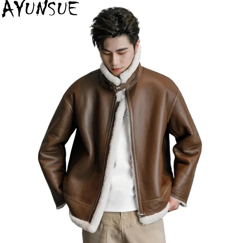 AYUNSUE Natural Sheep Fur Coat Luxury 2025 Flight Suit High-end Genuine Leather Jacket for Man Clothing Autumn Winter Streetwear