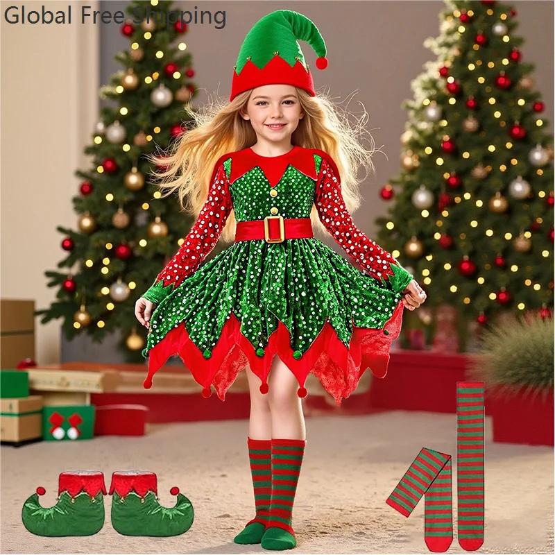 Girls Christmas Costume Set Santa Claus Elf Outfit Sequin Design Red Green Birthday Party Gift Suit Halloween Accessories Set