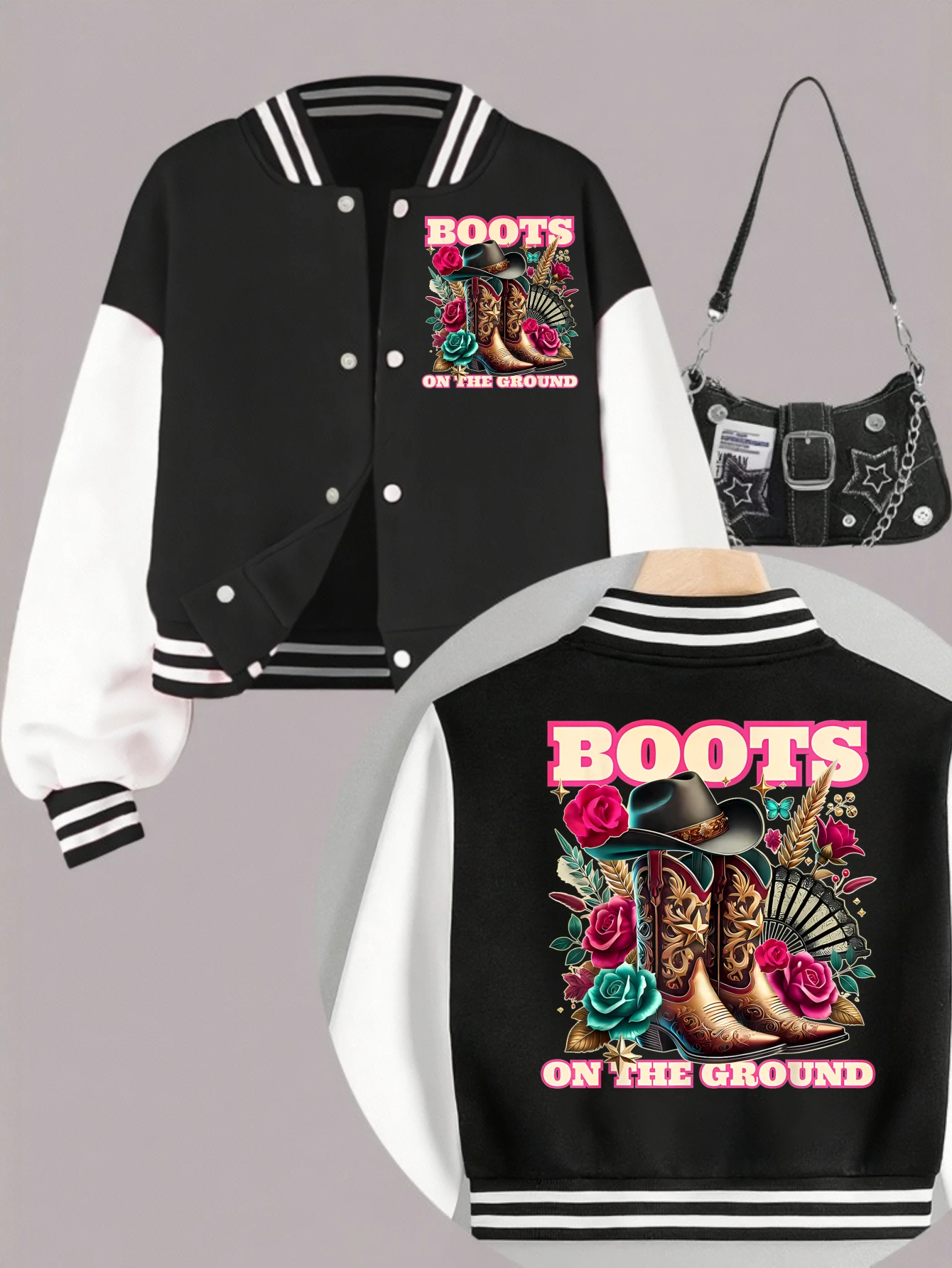 1PCS Autumn Winter Tween Girls Clothes Boots On The Grounds Double Sided Print Short Cropped School Style Girl Baseball Jacket