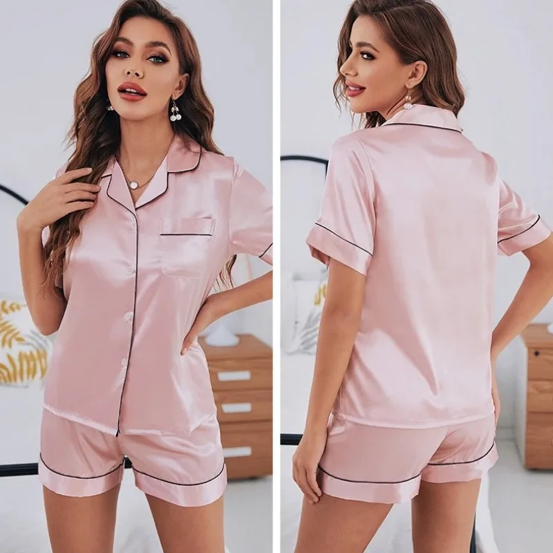 Summer Pijamas Sets Women Sleepwear Silk Satin Button-Down Short Sleeve Tops and Shorts Two-piece Loungewear