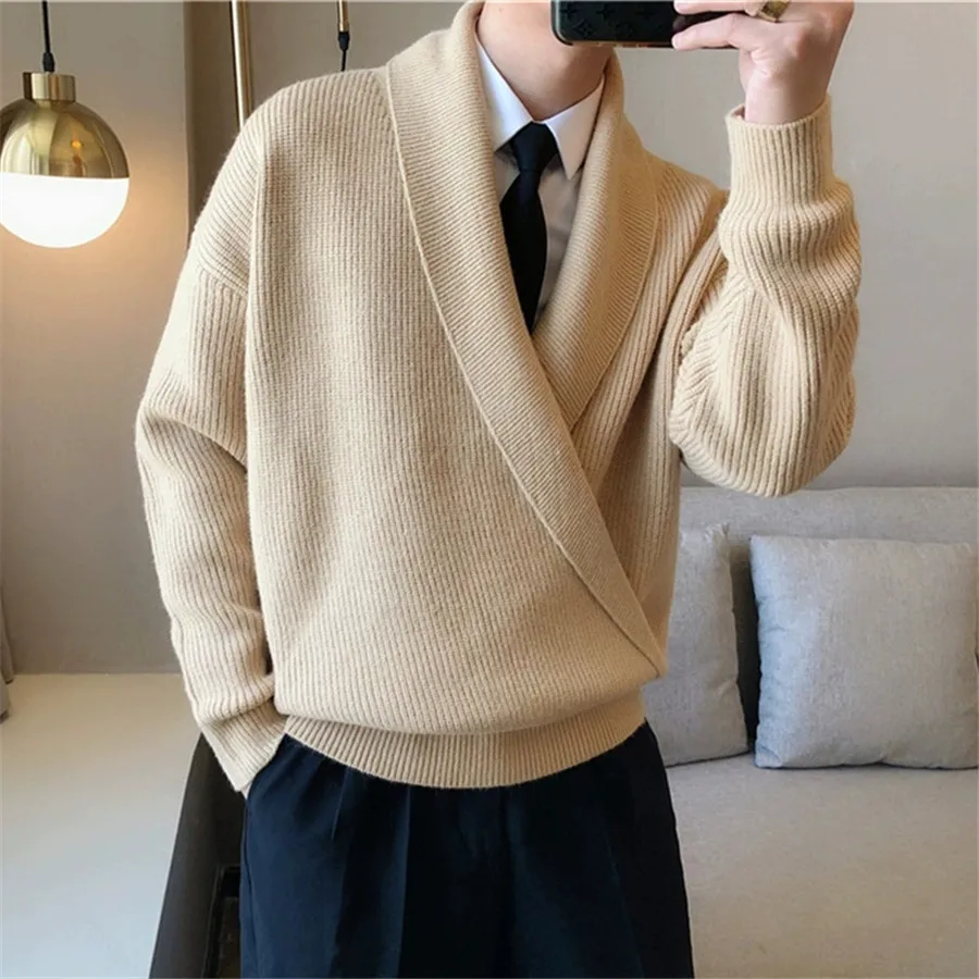 New 2026 Men's Pullover Sweater Casual Loose Big V-neck Male Spring Autumn Knitwear Lazy Turn-down Collar Solid Knitted Coat