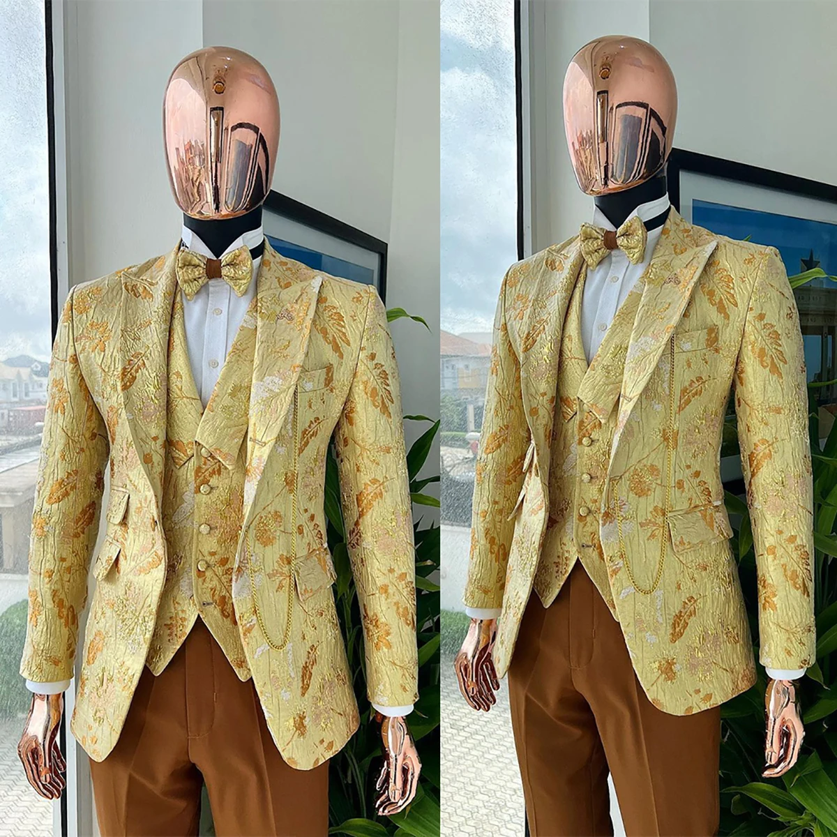 Gold Fashion Men Suit Tailor-Made 3 Pieces Blazer Vest Pants One Button Modern Slim Fit Business Wedding Groom Prom Customized