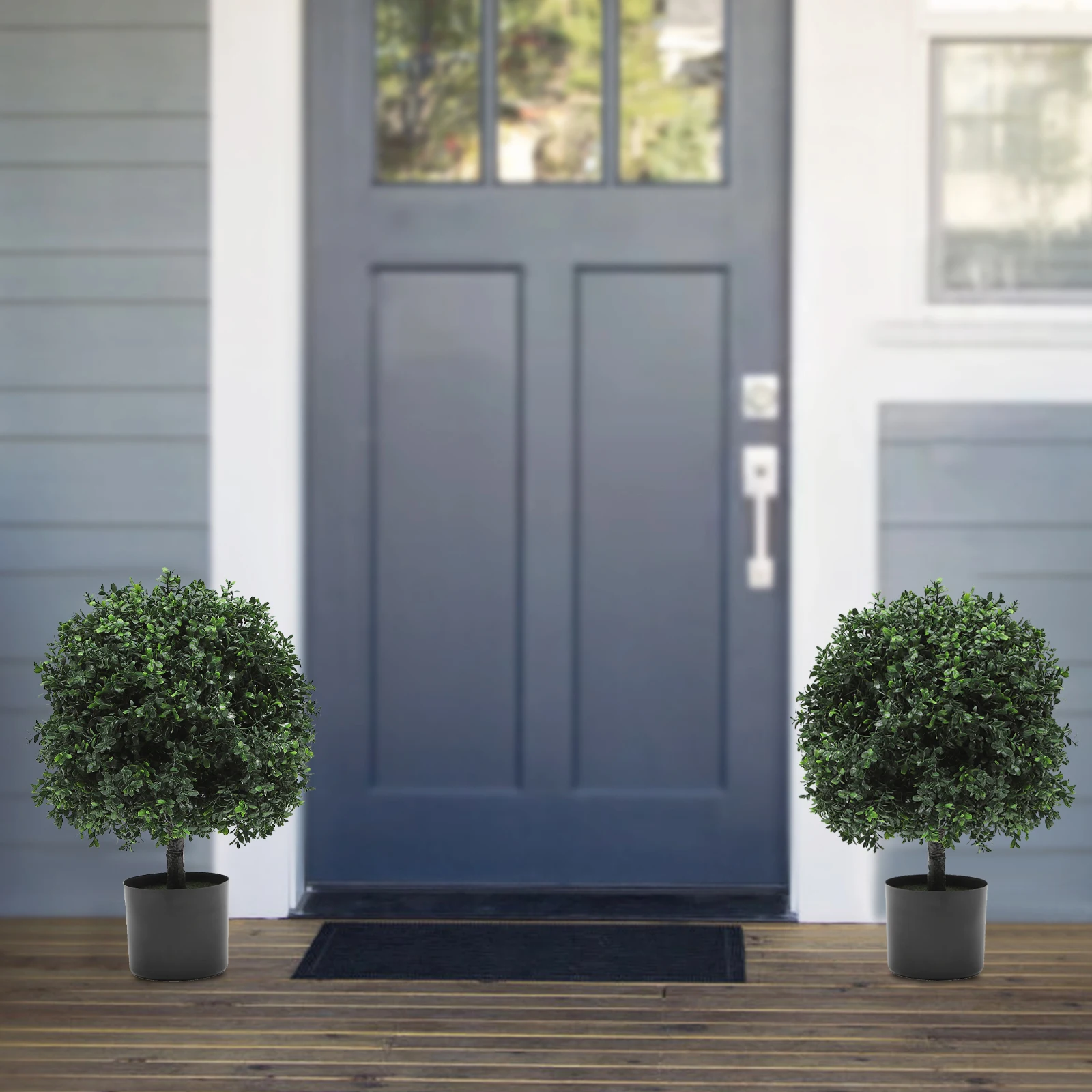Two Outdoor Artificial Ball Bushes Potted Plants, 16 Inches Wide Artificial Potted Shrubs for Indoor Outdoor Home Garden