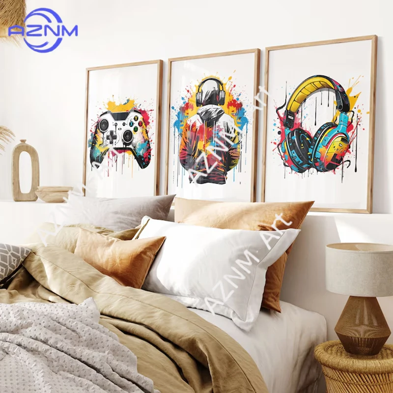 Set of 3 Gaming Prints Poster Gamer Decor Wall Art Posters Teen Room Print Boys Bedroom Living Room Decoration Ideal Gift