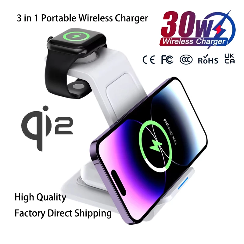 2025 New Arrival 3 in 1 Wireless Charger Station Desktop for iPhone Samsung Xiaomi OPPO 30w Wireless Charger Holder