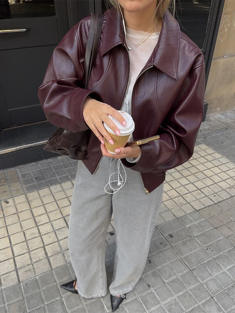 SIsterlinda PU Wild Crop Jacket Women Fall Trend Gothic Punk Elegant Waist Zip Full Sleeve Casual Streetwear Simple Classic Coat