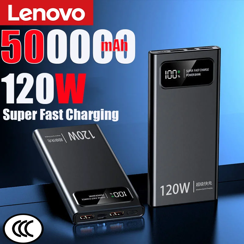 Lenovo 500000mAh Power Bank 120W Super Fast Charging Battery High Capacity Digital Display Power Bank For iPhone Samsung Huawei