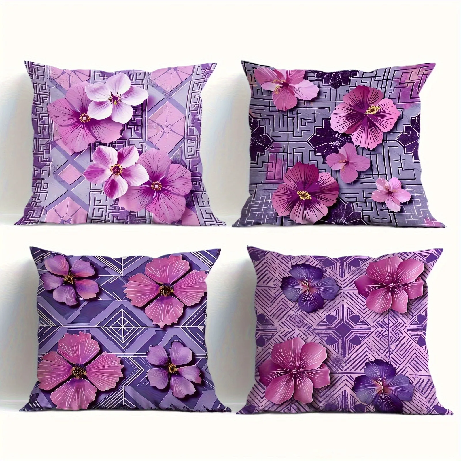 Vibrant Purple Floral & Geometric Pillowcase: Elegant Patterned Cushion Cover for Bohemian Luxury Home Sofa Decor