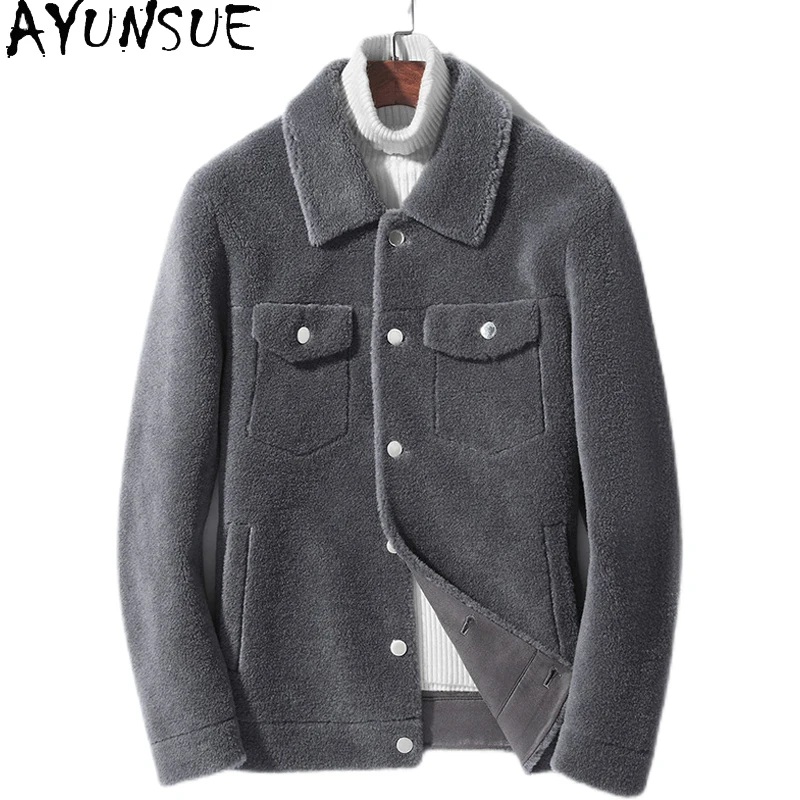 AYUNSUE Fashion 100% Wool Coats for Men Winter Short Sheep Shearing Jacket Man Casual Granular Lamb Wool Coat Jackets Outwears