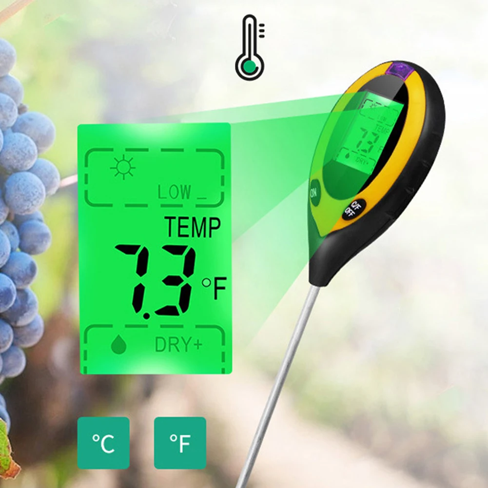 4 In 1 Digital Soil Analyzer Sunlight Intensity PH Value Soil PH Tester Soil Temperature Monitor for Gardening Plants Farming