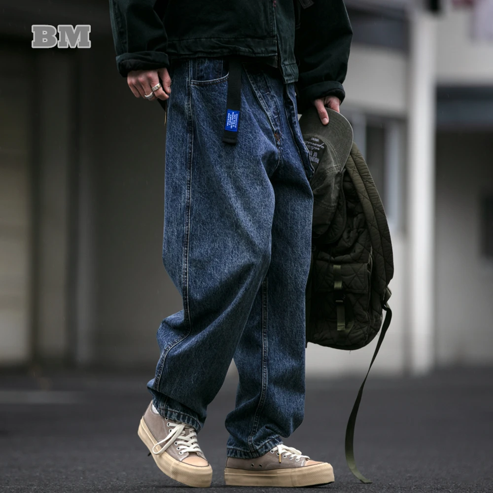 Mens American Streetwear Baggy Jeans Dark Blue Vintage 3D Pockets Straight Leg Denim Work Pants Casual Trendy Premium Trousers