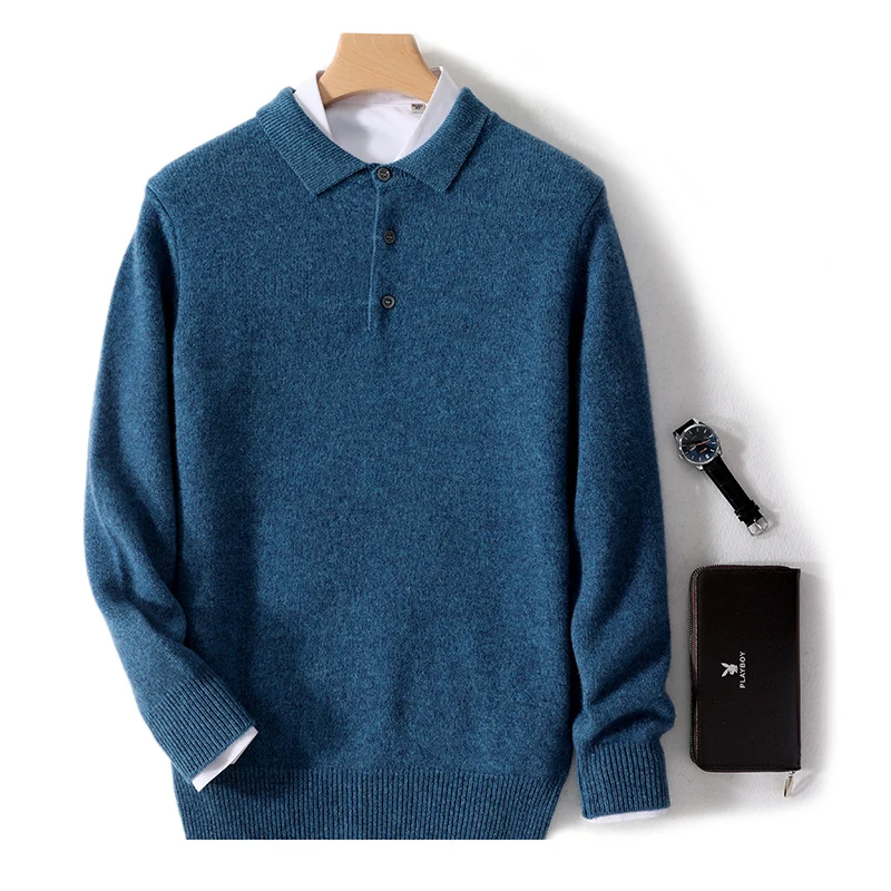Light luxury brand men's pullover 100% pure wool sweater Men's Polo collar Fashion long sleeve business casual knit base shirt