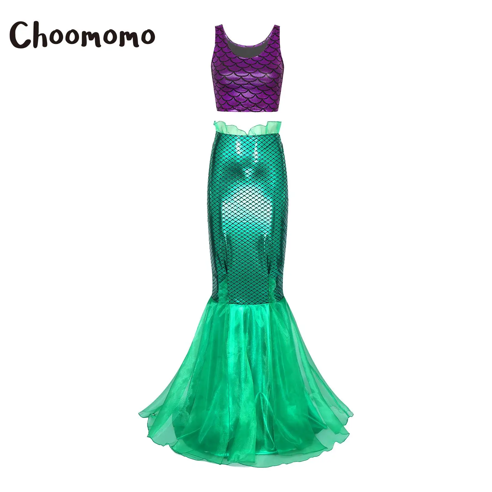 Women Halloween Mermaid Cosplay Costume Metallic Tank Top Fish Scale Print Crop Top with Tulle Fishtail Skirt Set Fancy Dress Up