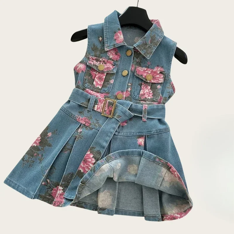 Kids Children 2 - 8 Y Baby Girls Sleeveless Floral Printed Denim Dress with Stylish Belted Design Fashion Summer Outfit