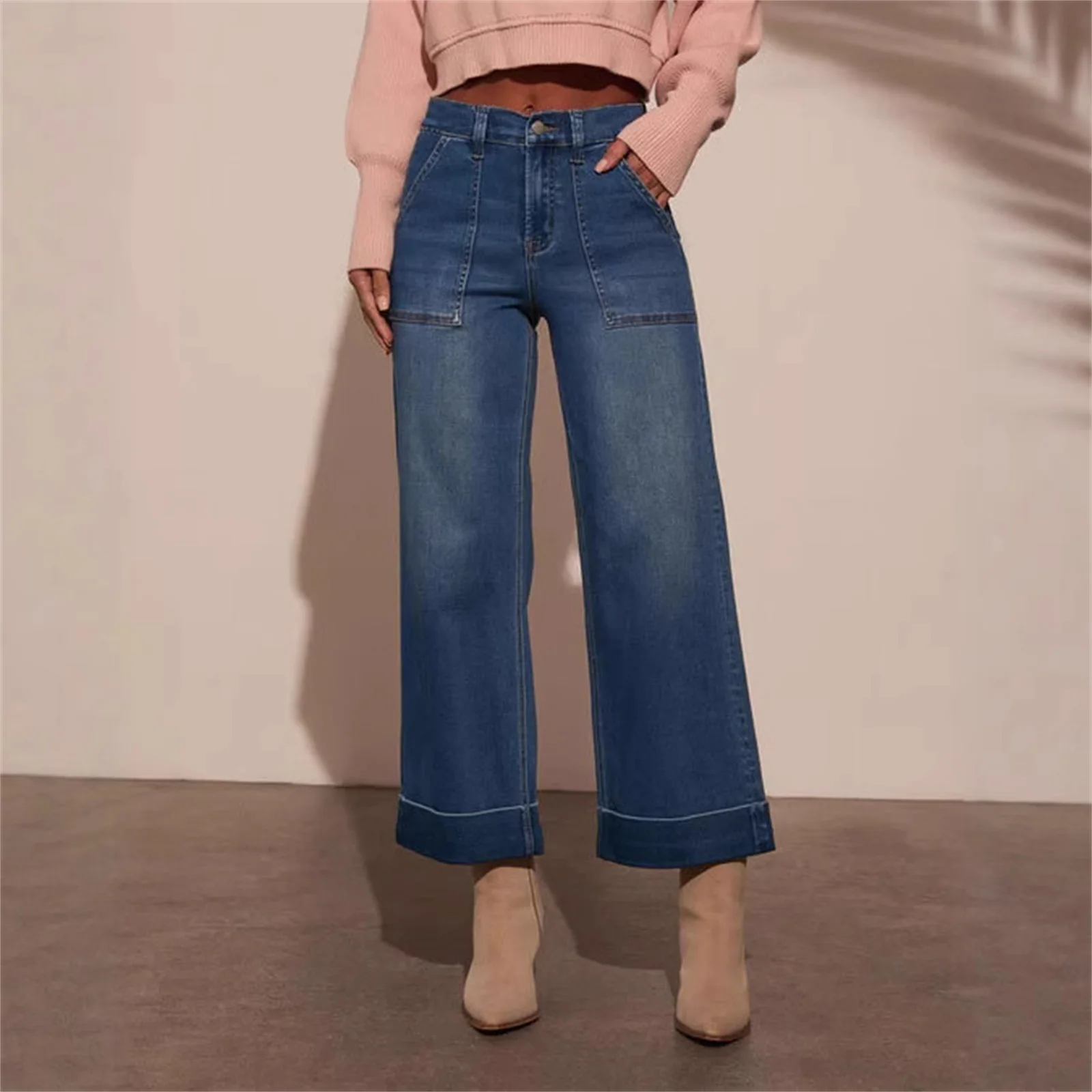Premium Women Cuffed Jeans High Rise Wide Leg Loose Denim Pants with Pockets Casual Long Trousers