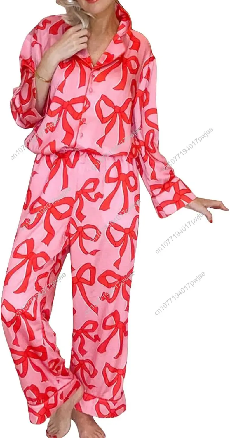Tsultryofs Women Y2k Bow Pajama Set Two Piece Button Down Pj Outfits Cute Long Sleeve Shirt and Pant Matching Sets Sleepwear