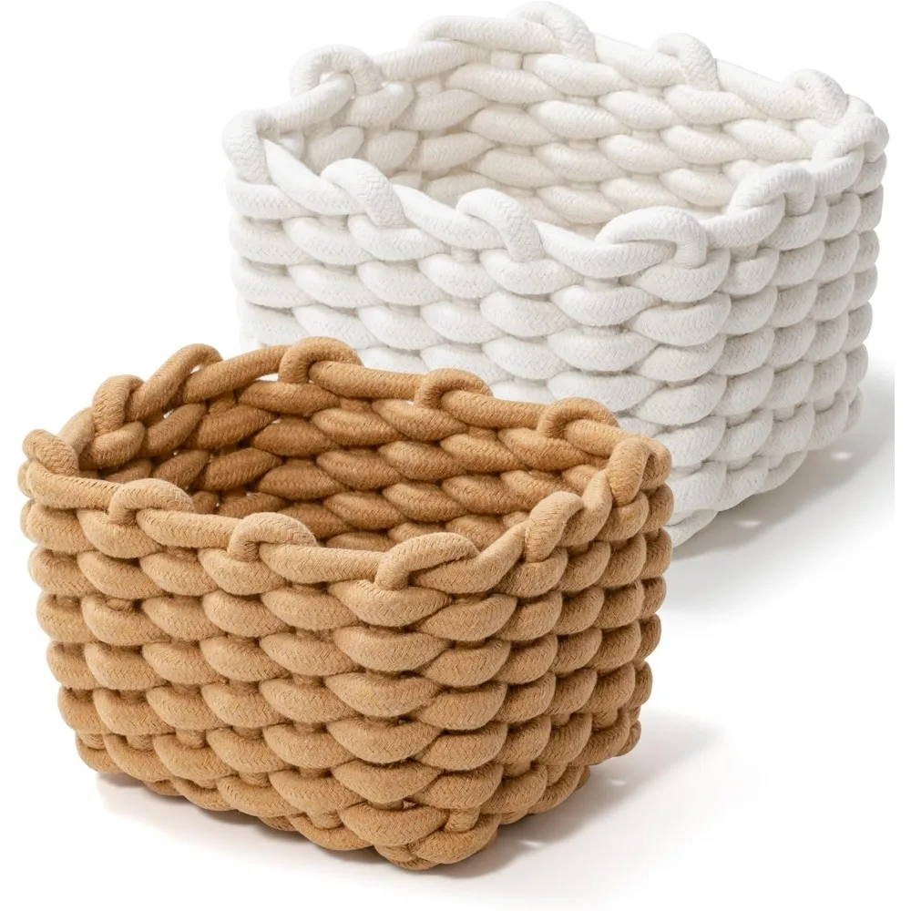 Storage Baskets 2 Pack for Home Organizing, Macrame Woven Decorative Basket for Cosmetics, Makeup, Toys, Closet, Living Room Bed