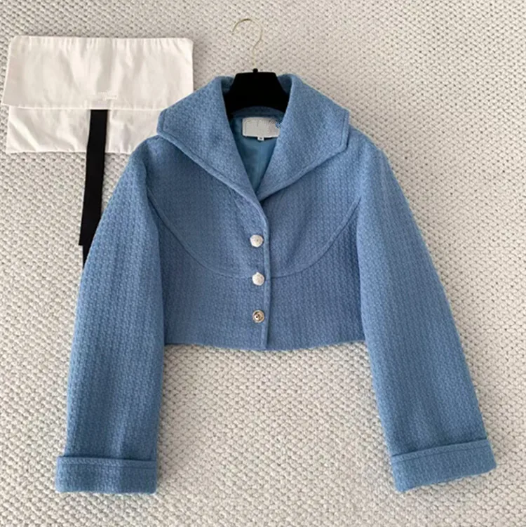 Customized European-style women's clothing 2026 Winter new style Long-sleeved blue lapel tweed coat Jacket and skirt suit