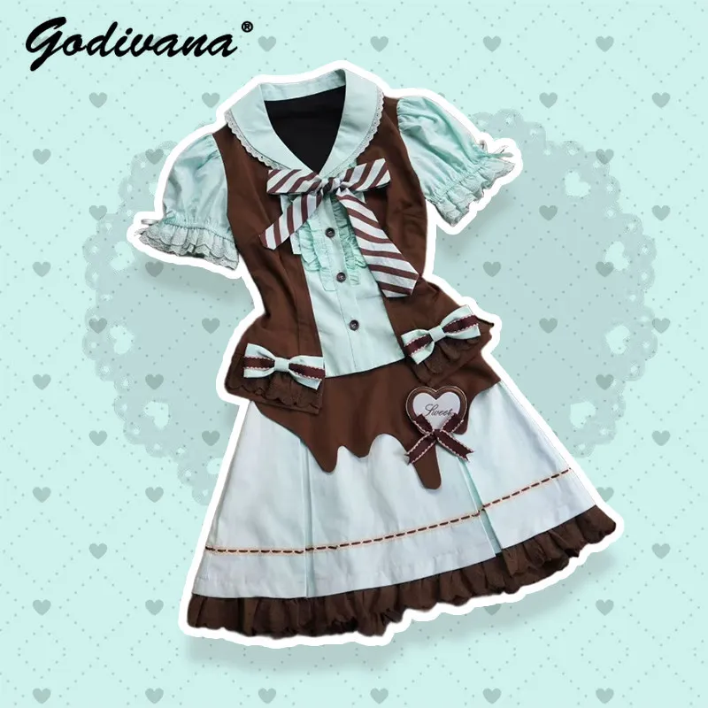 New Summer Girls Lolita Vest and Skirt 2 Piece Set Women's Mint Chocolate Color Bow Vest Top Mini Skirt Lolita Skirt Suit
