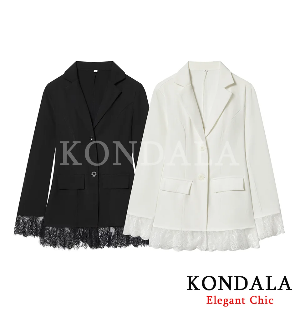 KONDALA Women Elegant Slim Lace Splicing Blazer Tight Waist Blazer Fashion 2026 New Spring Autumn High Street Office Lady Blazer