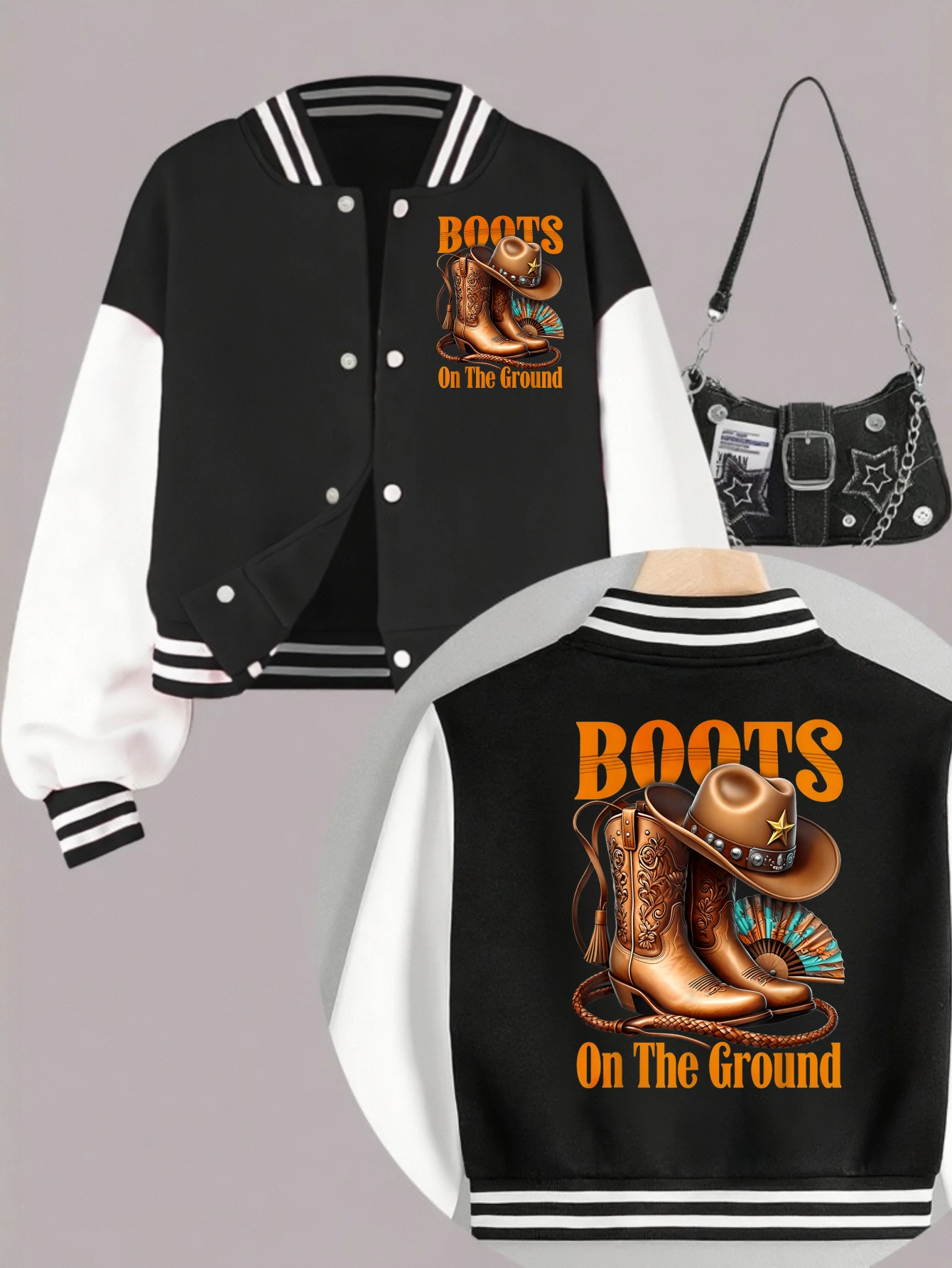 1PCS Autumn Winter Tween Girls Clothes Boots On Da Ground Double Sided Print Short Cropped School Style Girl Baseball Jacket