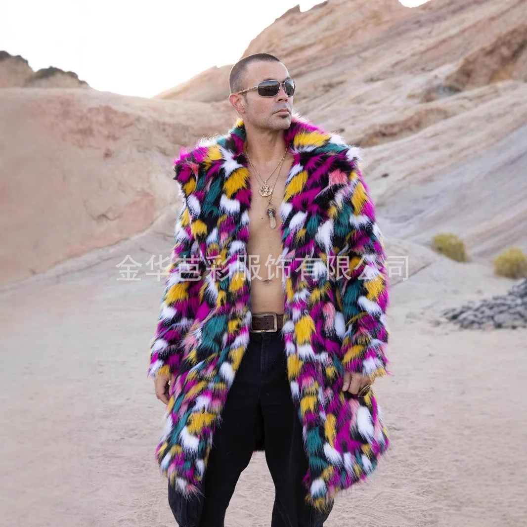 Men Faux Fur Long Sleeve Patchwork Outerwear Turn Down Collar Open Stitch Jacket Spliced 2025 Windbreaker Coats High Street