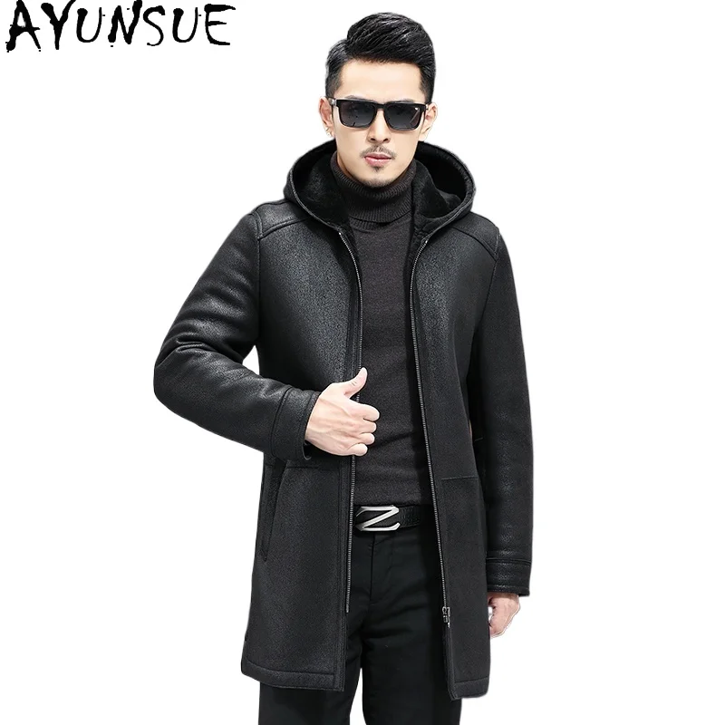 AYUNSUE High-end Real Wool Fur Coat Man Winter Hooded Luxury Natural Sheepskin Fur Jacket Mid-length Windbreaker Warm Fur Coats