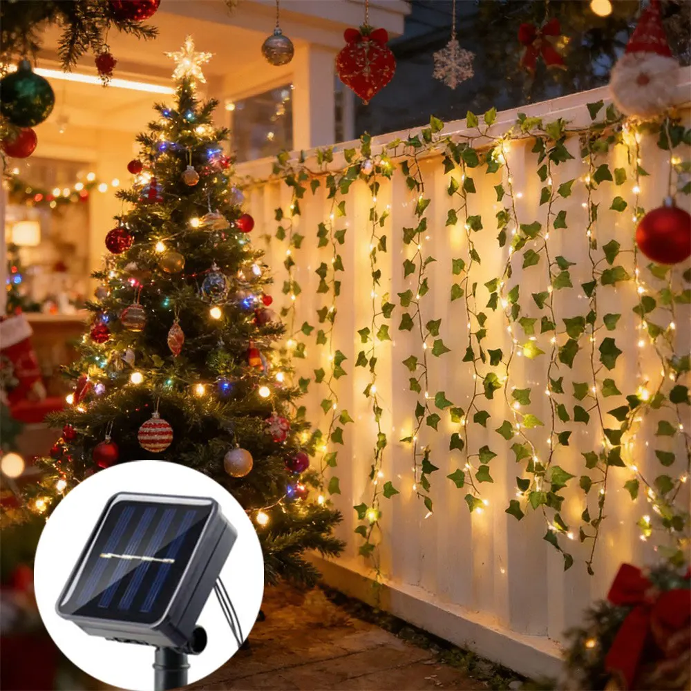 Festoon Solar Artificial Leaf Plants Light String Wedding Fairy Garland for Outdoor Garden Fence Wall Holiday Party Decoration
