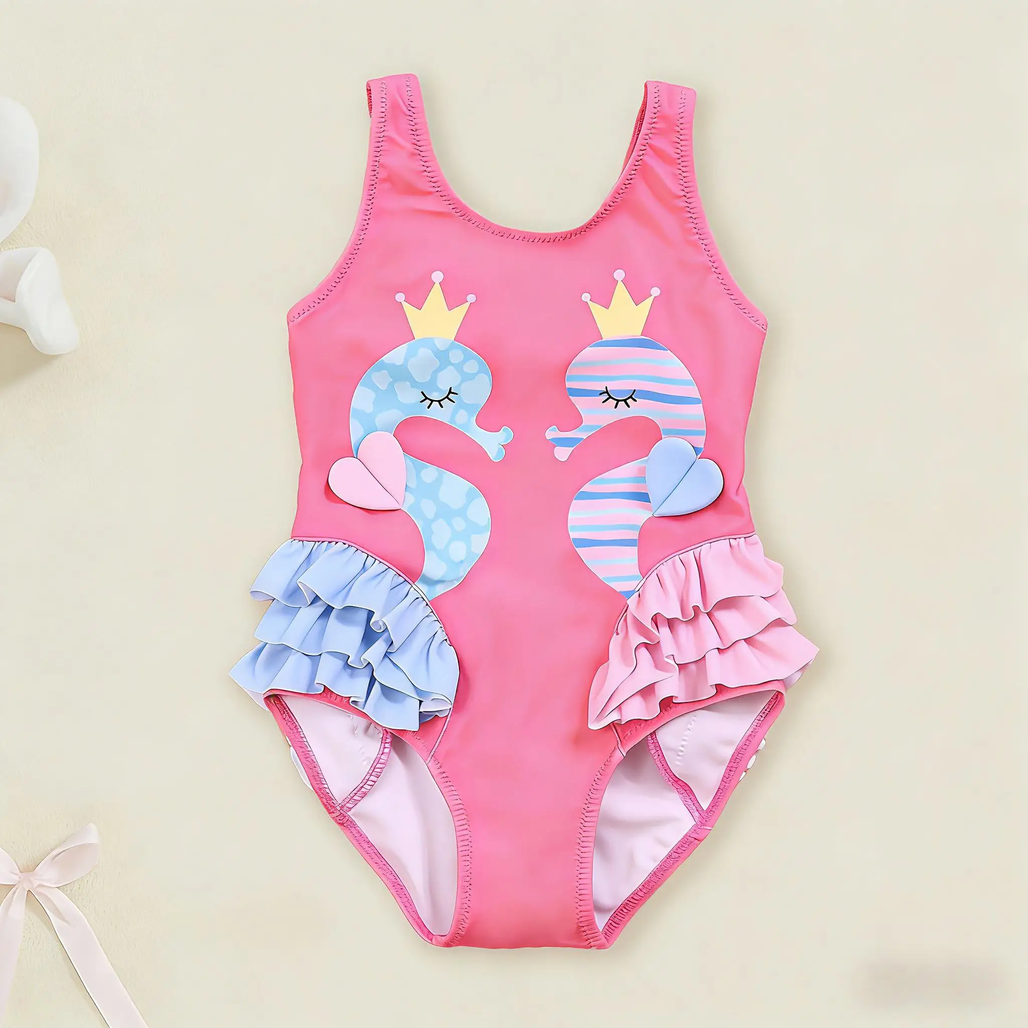 Trendy Girls Seahorse Swimsuit Pink 3D Crown Design Ruffled One-Piece Bathing Suit for Beach Pool Vacation Toddler Outfit