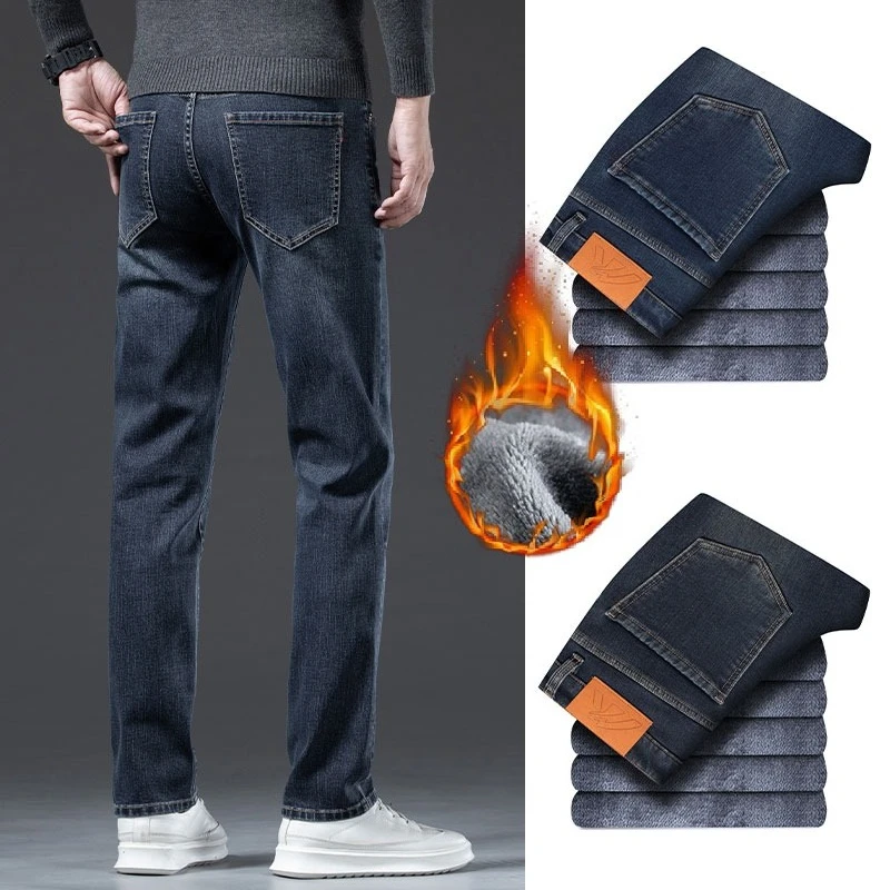 Winter Warm Fleece Men's Jeans Business Casual Premium Velvet Stretch Slim Comfort Denim Pants Thickened Brand Men's Work Pants