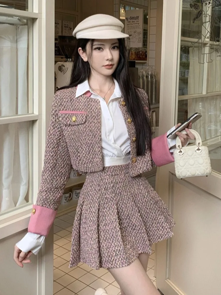 High Quality French Tweed Winter Clothes Women Two Piece Set Sweet Fashion Short Jacket Coat + Pleated Short Skirt 2 Piece Suits