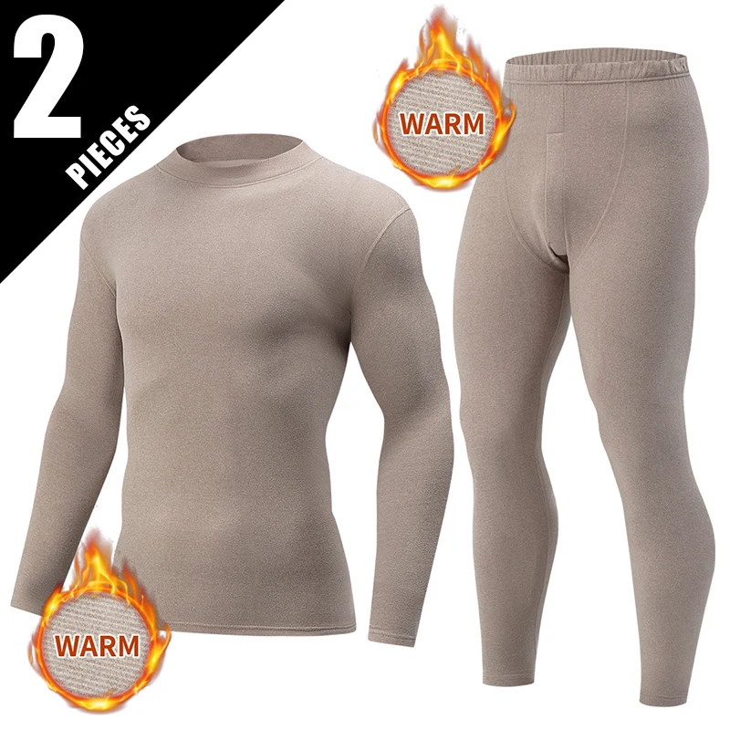 2-pcs Autumn And Winter Men's Thick Semi High Neck Thermal Underwear Set Solid Color Fashionable High Neck Top Warm Casual Pants