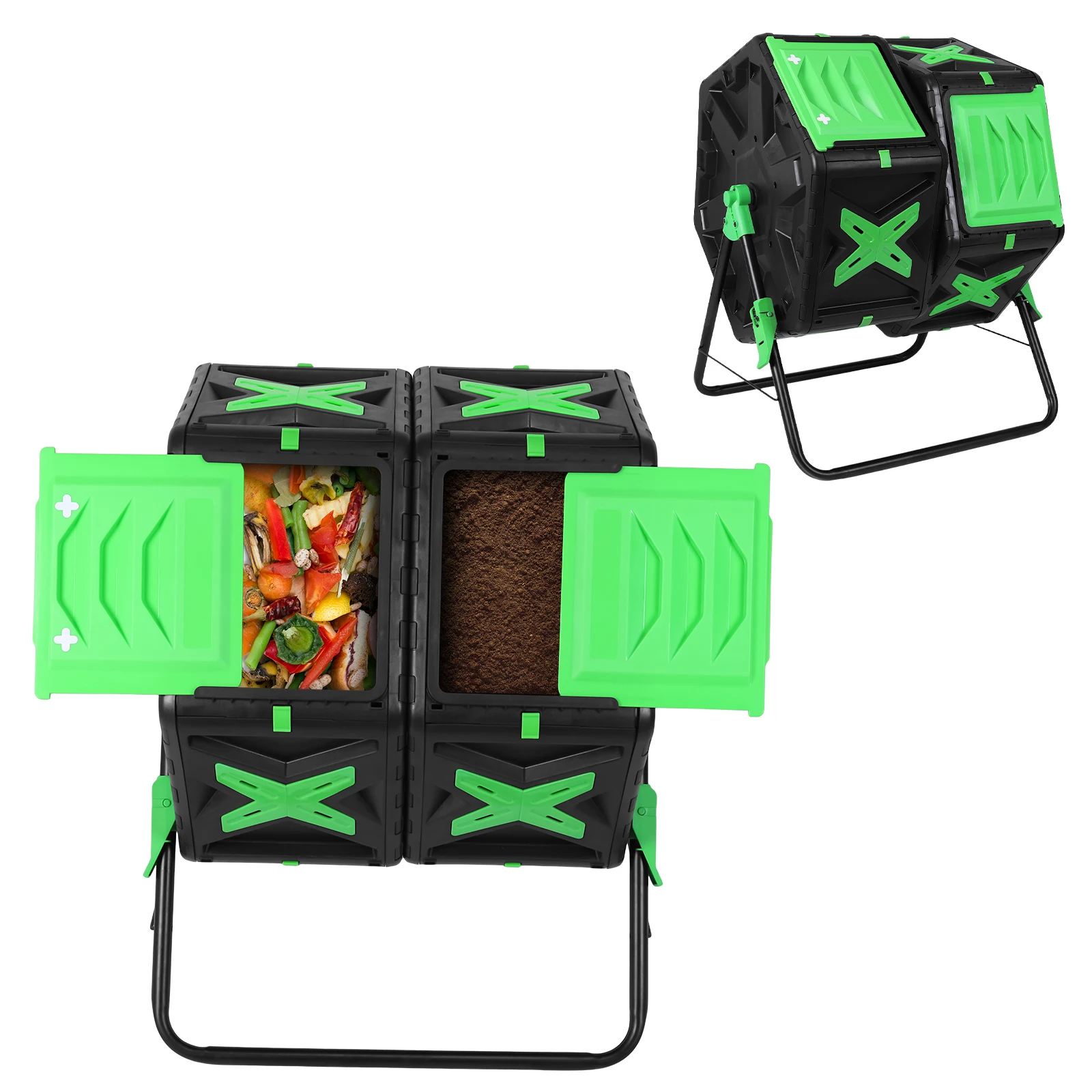 140L Dual Chamber Compost Bin Fast Assemble Tumbling High Volume Composter Easy Setup W/Sliding Door for Outside Garden and Yard