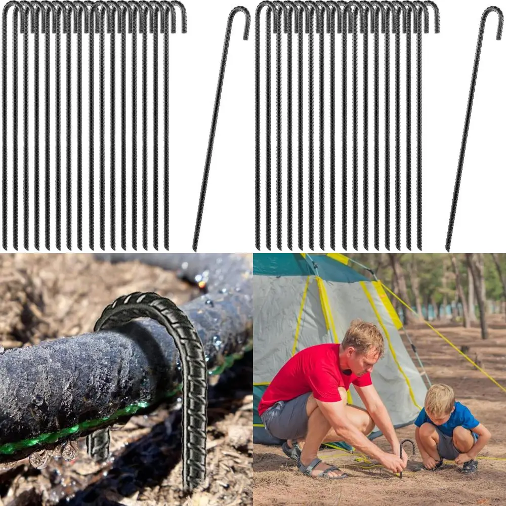 (Set of 16) 24” Ground Rebar Stakes Heavy Duty J Hook Ground Anchors, Curved Steel Plant Support Garden Stake with Chisel Point