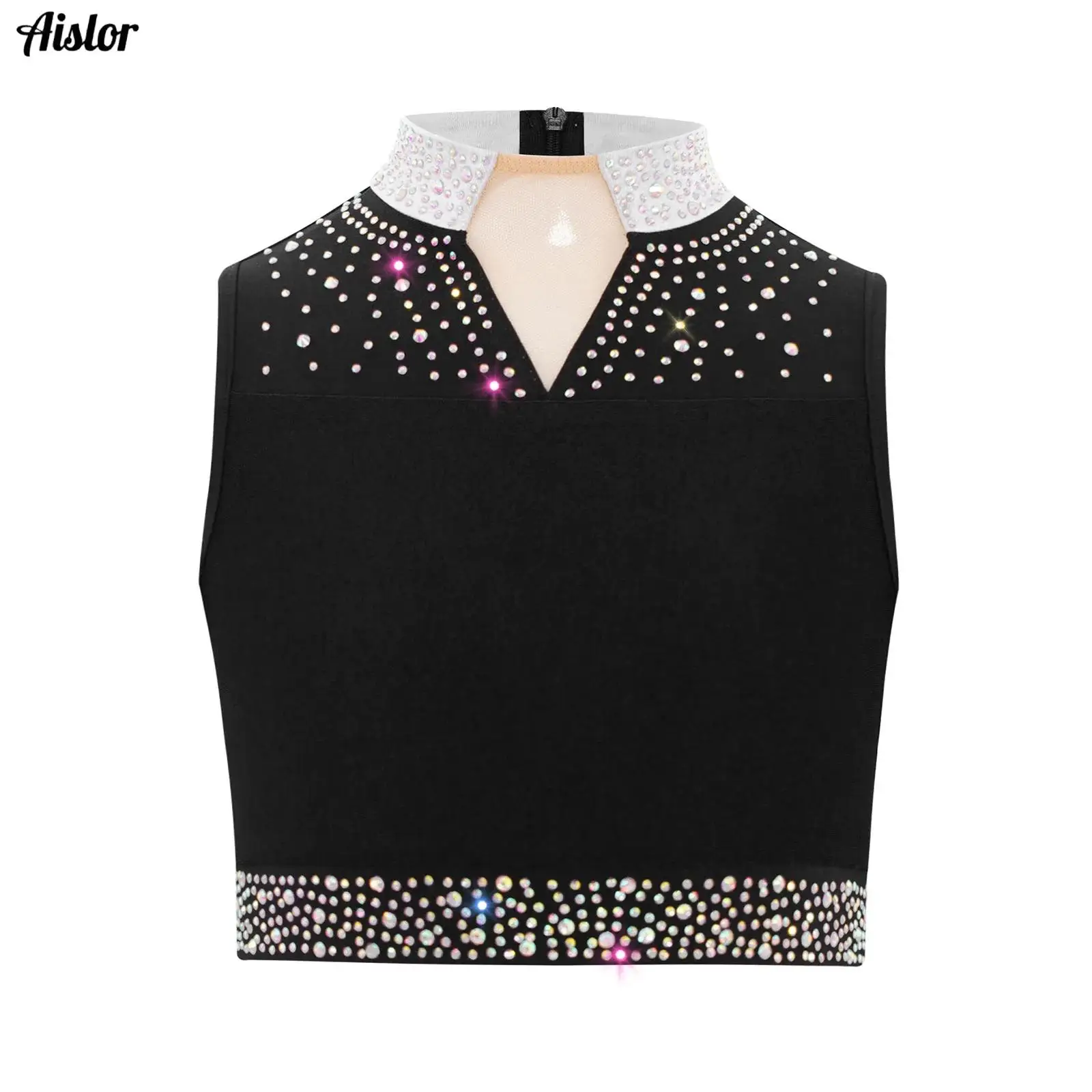 Kids Girls Jazz Ballet Dance Top Glittery Rhinestones Sleeveless Tank Crop Top Gymnastics Figure Skating Dancewear Sportswear