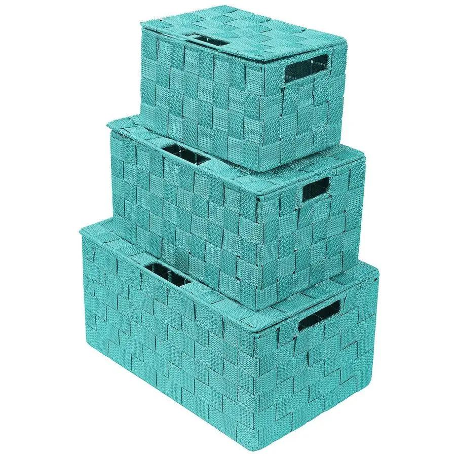 Set of 3 HandWoven Storage Baskets with Lids Decorative Wicker Organizers for Home, Closet, or Shelves Aqua