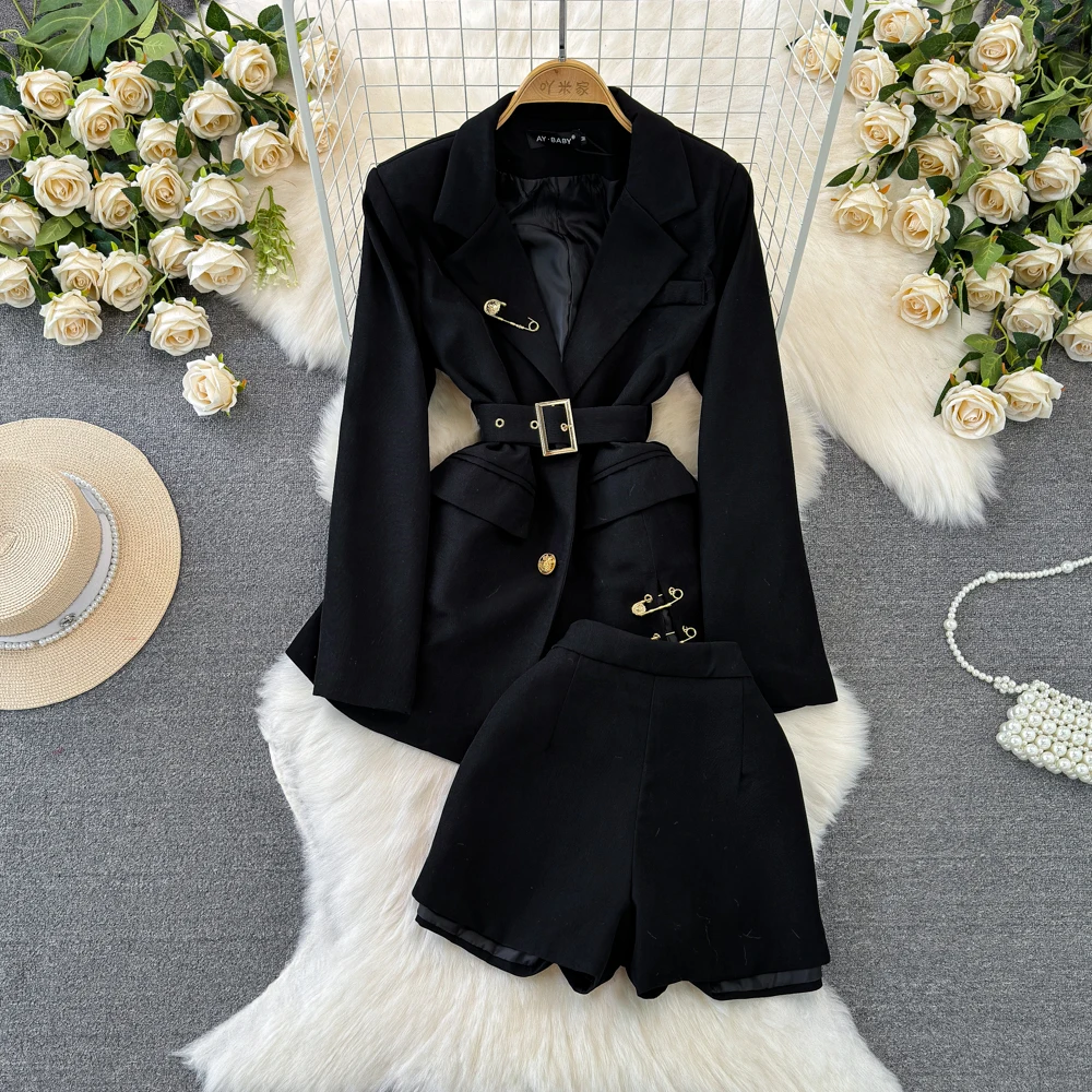 Women Black Trendy Korea Style Suit Waist Belt Blazer Short Set Pajamas Office Lady Business Formal Winter Autumn Luxury Suits