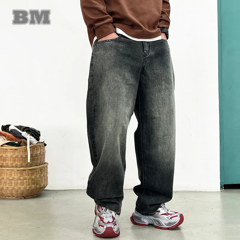 American Vintage Jeans Men Washed Straight Leg High Street Trendy Loose Heavy Duty Denim Pants Premium Durable Casual Trousers