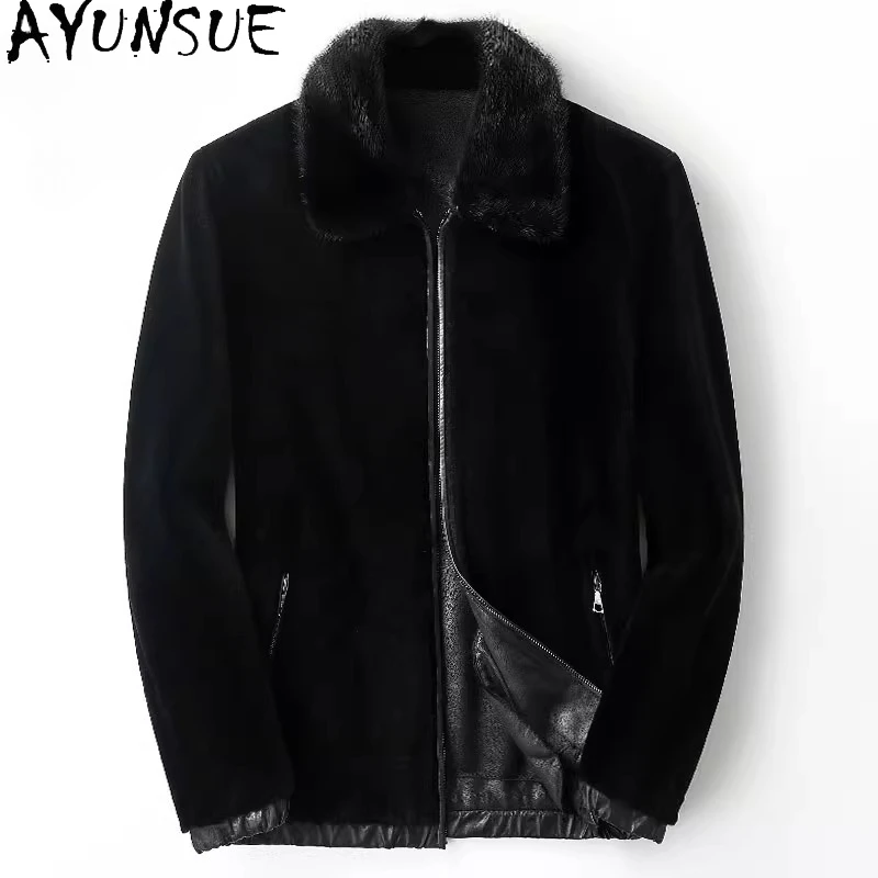 AYUNSUE New 2025 Sheep Shearing Jacket Men Clothing Autumn Winter Short 100% Wool Coats for Man Mink Fur Collar Mens Fur Coats