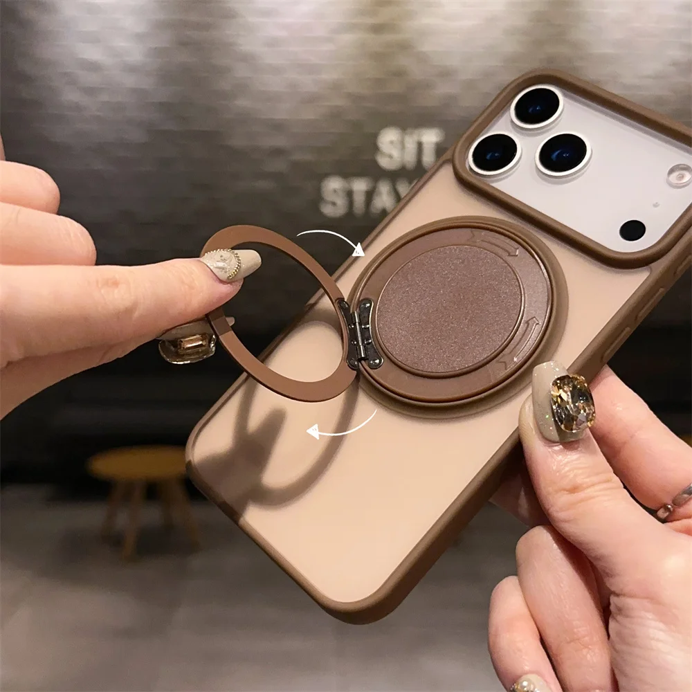 360 Rotating Bracket Magnetic Case For iPhone Air 17 16 15 14 13 12 11 Pro Max Plus For Magsafe Wireless Charge Frosted PC Cover