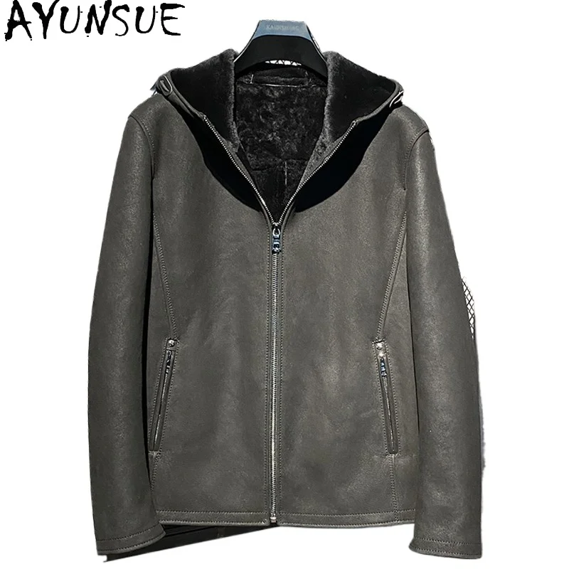 AYUNSUE Natural Fur Coat Man Autumn Winter Hooded Winter 100% Genuine Sheepskin Leather Jacket Men Casual Real Black Fur Coats