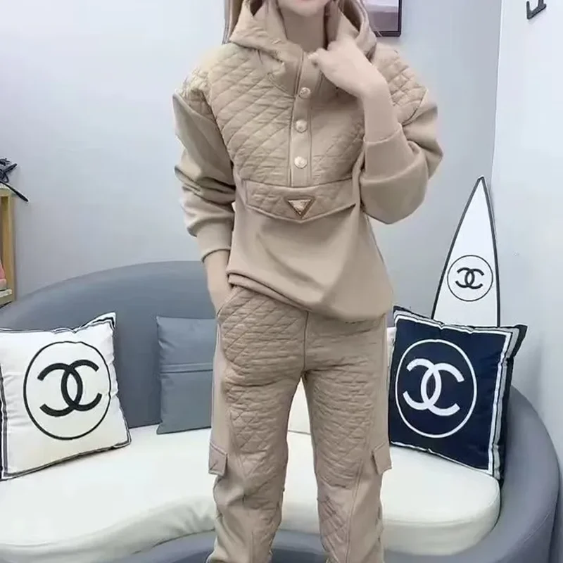 2025 Spring Autumn Two-piece Sets Thick Warm Contrasting Color Hooded Down Cotton Coat + Pants Suits Women's All-match Warm Suit