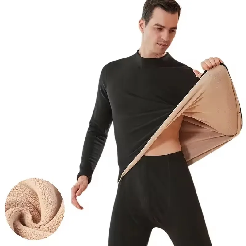 2-Piece Thermal Underwear Suit Mens Plus Size 8XL Winter Camel Hair Lined Keep Warm Cold Weather Elastic Soft Material Pajamas