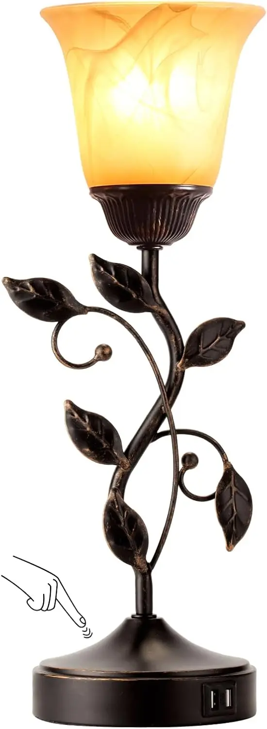 Touch Control Table Lamp with USB Charging, Dimmable Bedside Nightstand, Amber Glass Shade Vintage for Living Room Bedroom