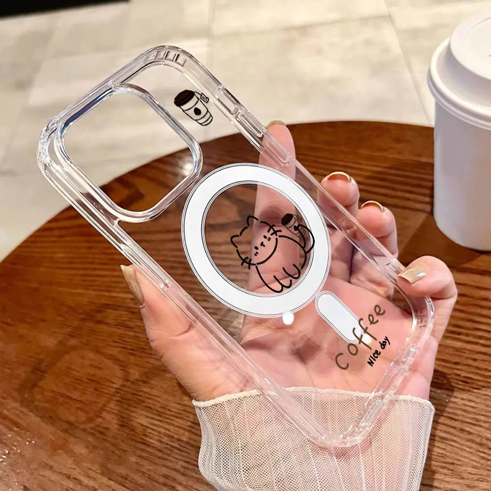 Cute Cat For Magsafe Wireless Charger Clear Case For iPhone 17 Pro Max 15 13 11 12 14 16 Pro Max 17 Air Bow Funda Magnetic Cover