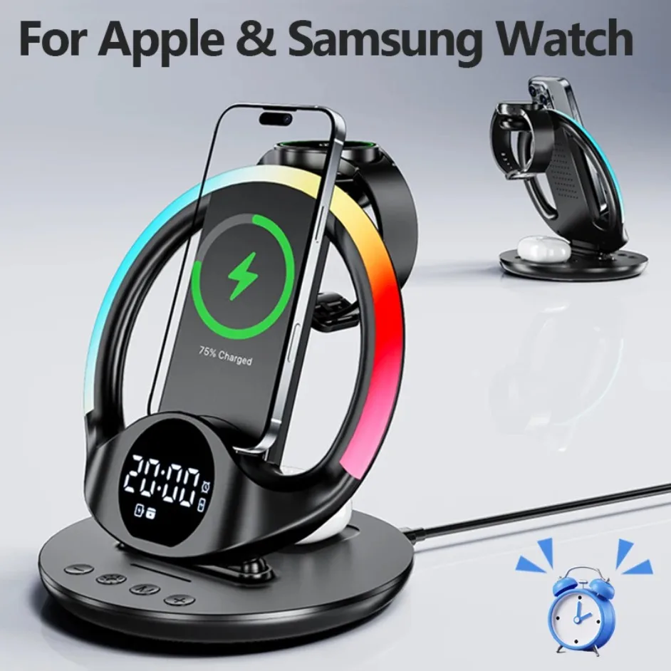 Multi-Device 5 in 1 Wireless Charger with Phone Stand Digital Clock RGB Light Charging Dock For iPhone Samsung iWatch AirPods