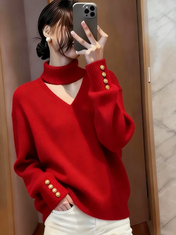 Red Knitted Sweater ort Sle Inner Wear Korean System High End Sensation Beautiful Luxury Matched Upper for Young Girls