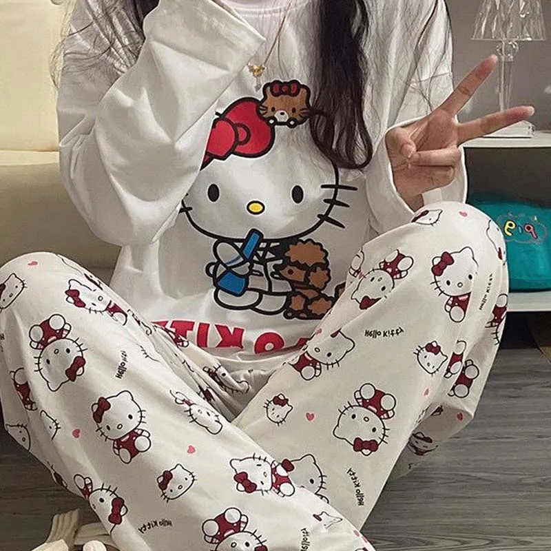 Kawaii Sanrios Hello Kittys Women's Pajamas Set Anime Print Long Sleeve Home Clothing Autumn Winter Student Girls Nightwear Gift