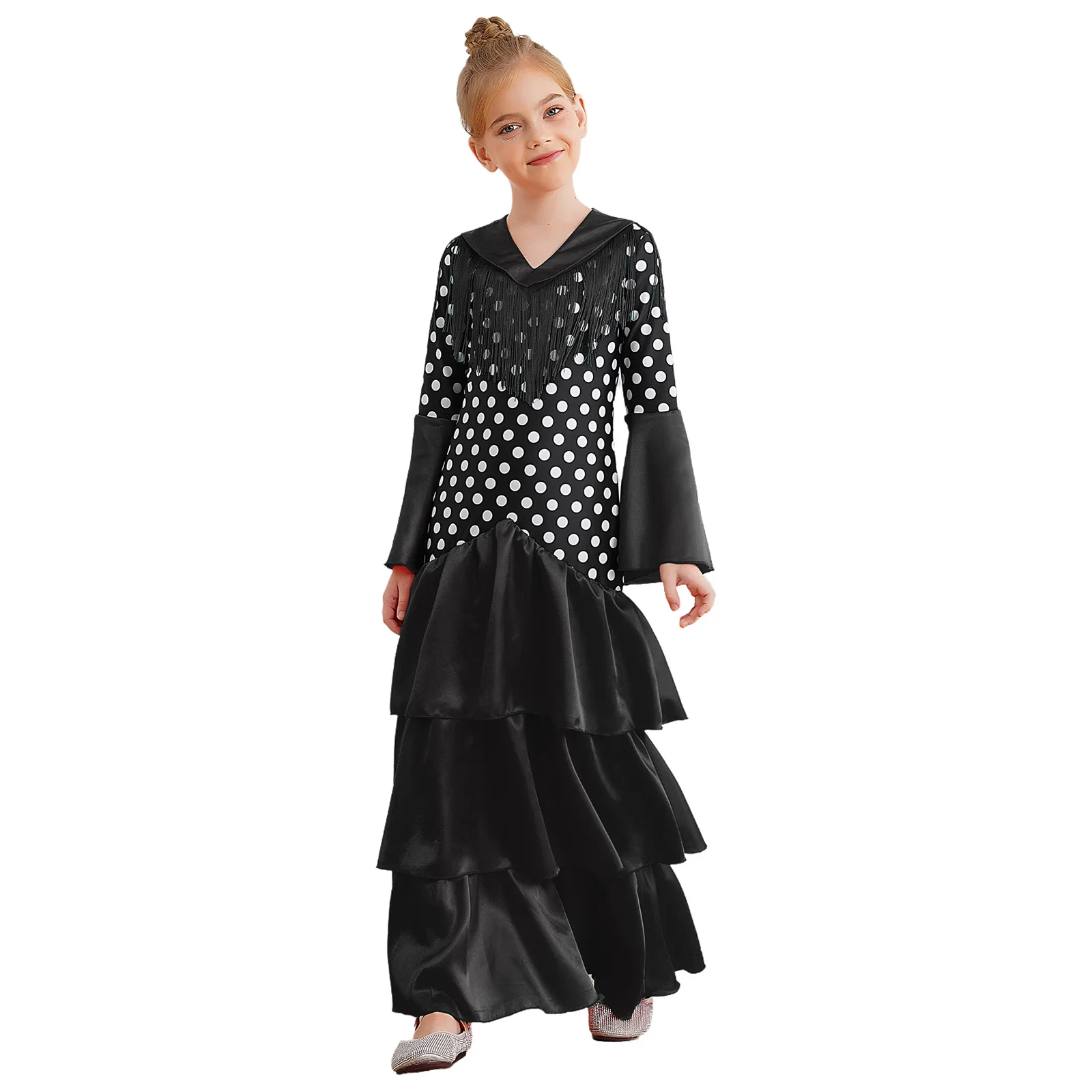 Kids Girls Flamenco Dance Dresses V Neck Flared Sleeve Tiered Ruffle Dress Polka Dots Print Dress Ballroom Performance Dancewear