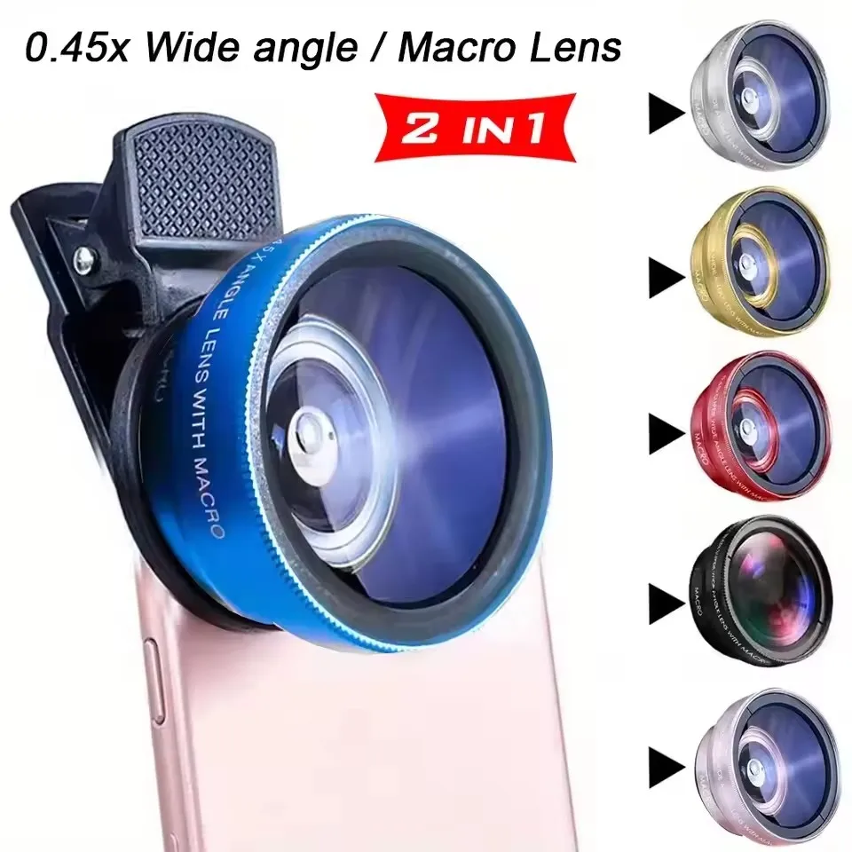 2 In 1 Clip-on Fish Eye Magnifiers Mobile Phone Lens Professional Mobile Phone Camera Lenses 15X Macro 0.45X Super Wide Angle